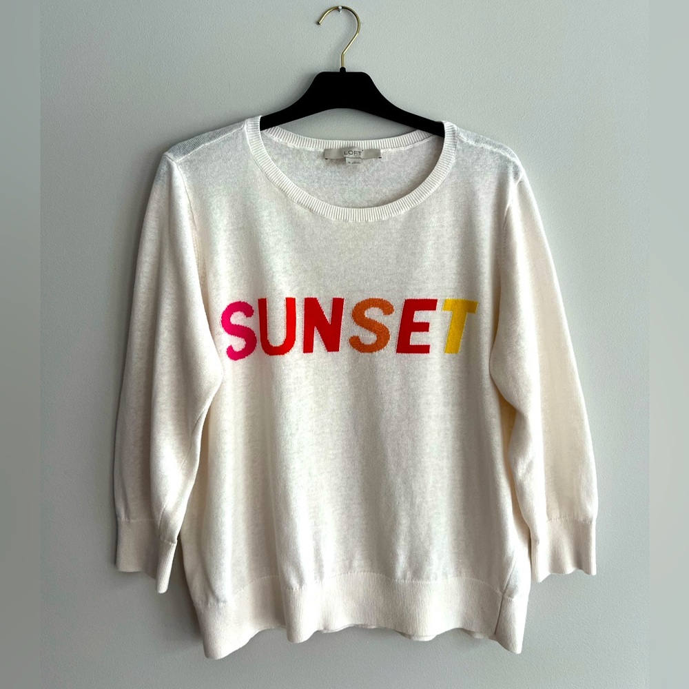 LOFT Women's White Sweater with Multicolor 'SUNSET' Design
